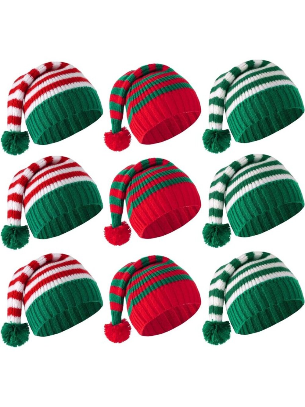 9 Pcs Christmas Knitted Elf & Santa Hats with Pompom - Festive Beanies for